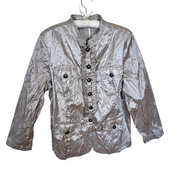 Chicos Womens Crinkled Metallic Jacket Button Up Jacket Size 3 XL Tan Coat Top - Picture 1 of 8